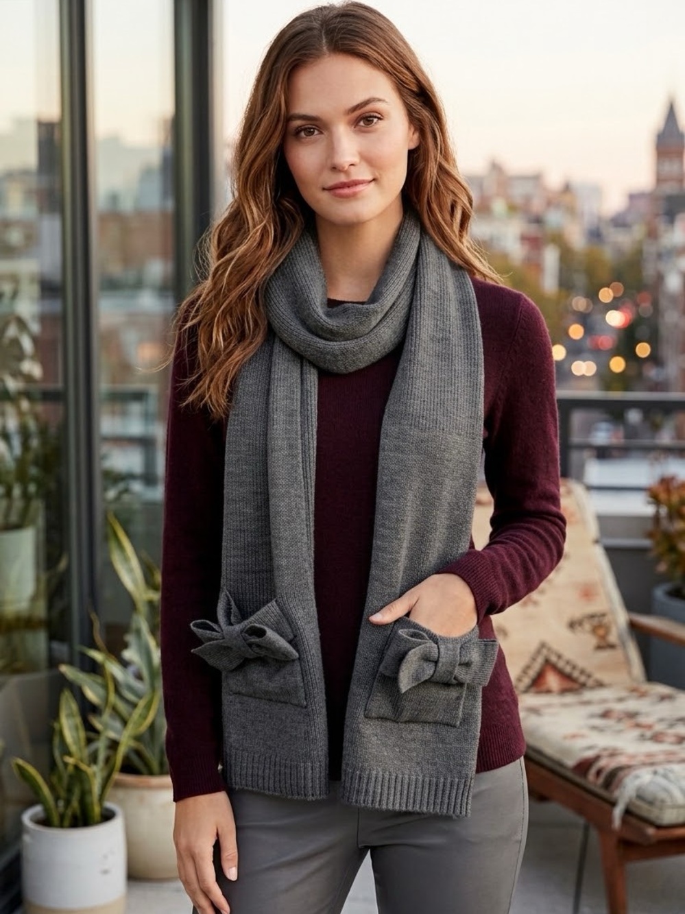 NWT Kate Spade New York Ribbed Knit Bow Pocket Scarf / Muffler